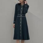 Contrast-trim Pleated Midi Knit Dress
