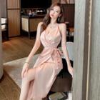 Spaghetti Strap Bow Accent Side-slit Sheath Dress