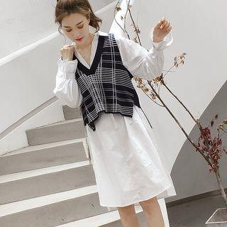 Set: V-neck Plaid Knit Vest + Long-sleeve Shirt Dress
