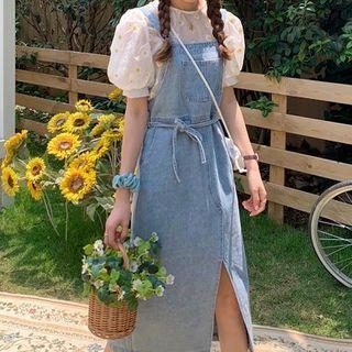Flower Print Short-sleeve Blouse / Midi Jumper Dress