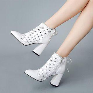 Genuine Leather Perforated Block Heel Short Boots