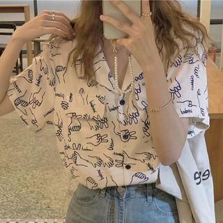 Short-sleeve Hand Print Shirt Blue & White - One Size