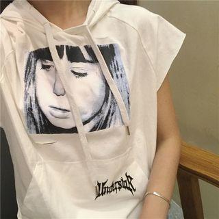 Print Short-sleeve Distressed Hoodie