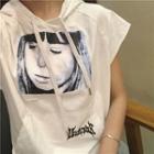Print Short-sleeve Distressed Hoodie