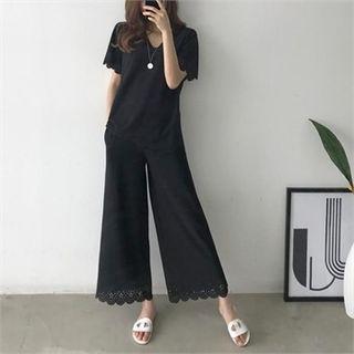 Set: V-neck Crochet-trim T-shirt + Band-waist Pants