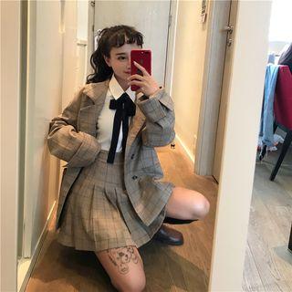 Double-breasted Plaid Blazer / Mini A-line Pleated Skirt / Plain Shirt