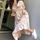 Short-sleeve Floral Print Midi Dress Floral - Light Pink & Light Green - One Size