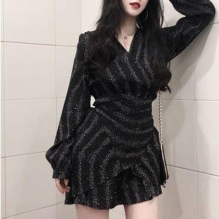 V-neck Galaxy Chiffon Dress Black - One Size