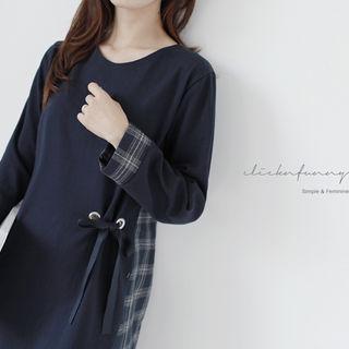 Round-neck Beribboned Plaid-panel Dress