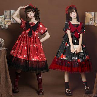 Short-sleeve A-line Dress / Bow Head Band / Choker / Hair Clip / Arm Sleeves / Set