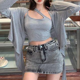 Denim Mini Pencil Skirt / Crop Tank Top / Cardigan / Set