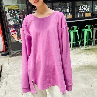 Side Slit Long-sleeve T-shirt Rose Pink - One Size