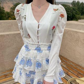 Floral Print Panel Button-up Knit Top