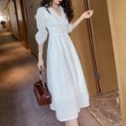 3/4-sleeve Crinkled A-line Midi Chiffon Dress