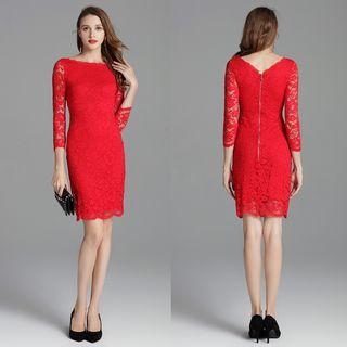 3/4-sleeve Zip Back Sheath Lace Dress