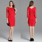 3/4-sleeve Zip Back Sheath Lace Dress