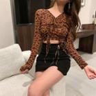 Leopard Print Drawstring Long-sleeve T-shirt / Zip Detail Mini Pencil Skirt