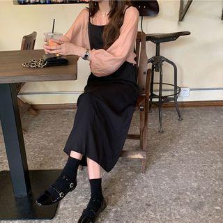 Set: Puff-sleeve Blouse + Strappy Midi Dress