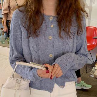 Long-sleeve Plain Cable Knit Cardigan Blue - One Size