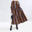 Long-sleeve Color-panel Houndstooth Midi A-line Dress