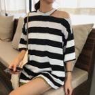 Striped Elbow-sleeve Cut Out T-shirt Stripes - Black & White - One Size