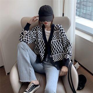 V Neck Geometric Knit Long-sleeve Cardigan Black Cardigan - One Size