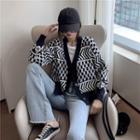 V Neck Geometric Knit Long-sleeve Cardigan Black Cardigan - One Size