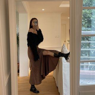 Slit Shirred Corduroy Maxi Mermaid Skirt