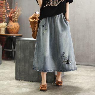 Cat Embroidered Denim A-line Midi Skirt