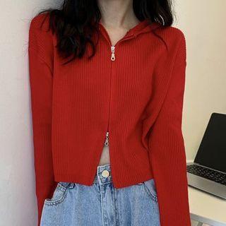 Long-sleeve Ribbed Hooded Zip Knit Top