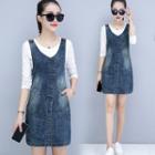 Set: Long-sleeve T-shirt + Ripped Denim Jumper Dress