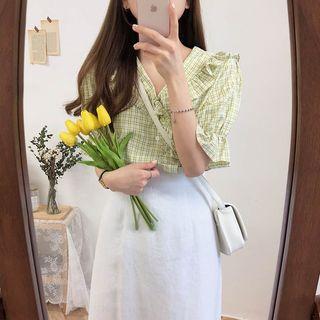 Plaid Ruffle Trim Short-sleeve Blouse