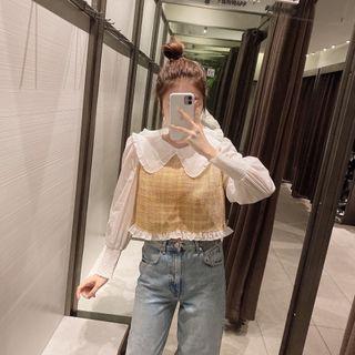 Ruffle Trim Plaid Panel Cropped Blouse