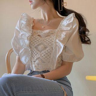 Ruffled Crochet Lace Panel Crop Blouse
