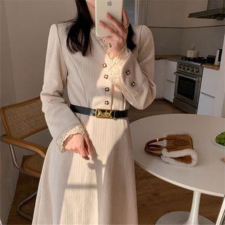 Lace Trim Buttoned Corduroy Midi Dress