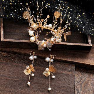 Wedding Set: Faux Pearl Branches Tiara + Dangle Earring Tiara & 1 Pair Clip On Earrings - One Size