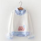Inset Pinstripe Shirt Cat Patch Pullover