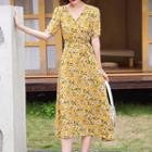 Short-sleeve V-neck Floral Printed Chiffon Maxi Dress