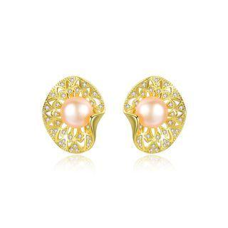 Sterling Silver Plated Gold Elegant Fashion Hollow Pattern Pink Freshwater Pearl Stud Earrings With Cubic Zirconia Golden - One Size