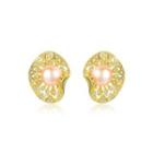 Sterling Silver Plated Gold Elegant Fashion Hollow Pattern Pink Freshwater Pearl Stud Earrings With Cubic Zirconia Golden - One Size