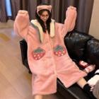 Coral Fleece Strawberry Hooded Midi Robe Pink - One Size