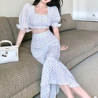 Short-sleeve Dotted Crop Top / Midi Pencil Skirt