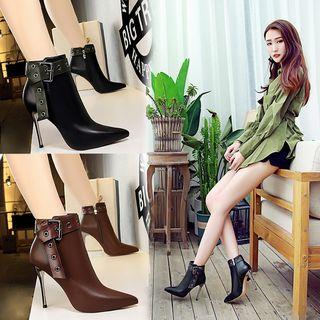 Faux Leather Buckled High Heel Ankle Boots