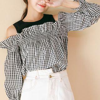Mock Two-piece Checked Cold Shoulder Blouse Black - One Size