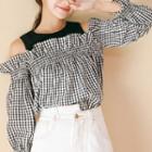 Mock Two-piece Checked Cold Shoulder Blouse Black - One Size
