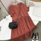 Plain Short-sleeve Pleated Dress Brick Red - One Size