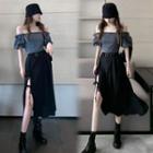 Off-shoulder Blouse / Midi A-line Slit Skirt