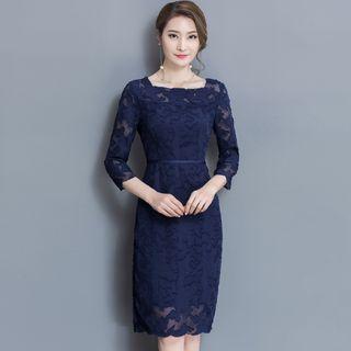 3/4-sleeve Floral Embroidered A-line Lace Dress
