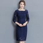 3/4-sleeve Floral Embroidered A-line Lace Dress