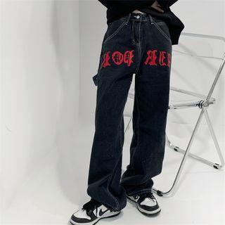 Letter Printed Straight Leg Jeans